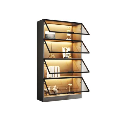 CraftThink 4-Tiers Bookcase, Modern Display Cabinet with Glass Doors Wooden Storage Cabinet, Freestanding Bookshelf Storage Cabinet for Living Room Home Office, Dark Gray 31.5" L x 12.5" W x 79" H