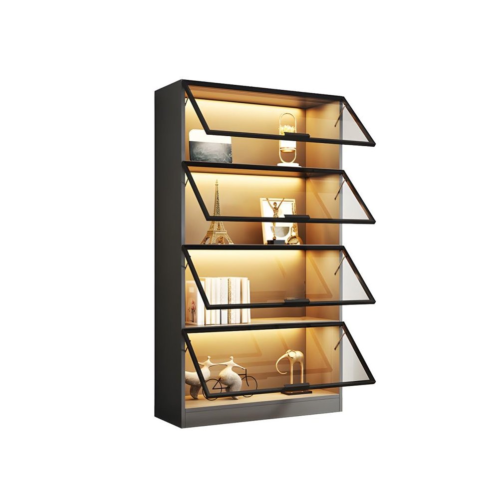 CraftThink 4-Tiers Bookcase, Modern Display Cabinet with Glass Doors Wooden Storage Cabinet, Freestanding Bookshelf Storage Cabinet for Living Room Home Office, Dark Gray 31.5" L x 12.5" W x 79" H