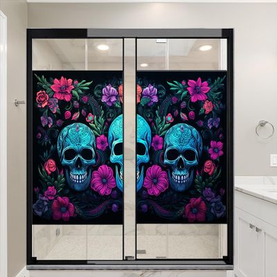 Abstract Floral Skull Stained Glass Window Film Colorful Flower Horror Blue Skeleton Privacy Window Film Non-Adhesive Glass Film Decorative Static Cling Film for Home Office 31.5Wx47.2L-inch x2 Pcs