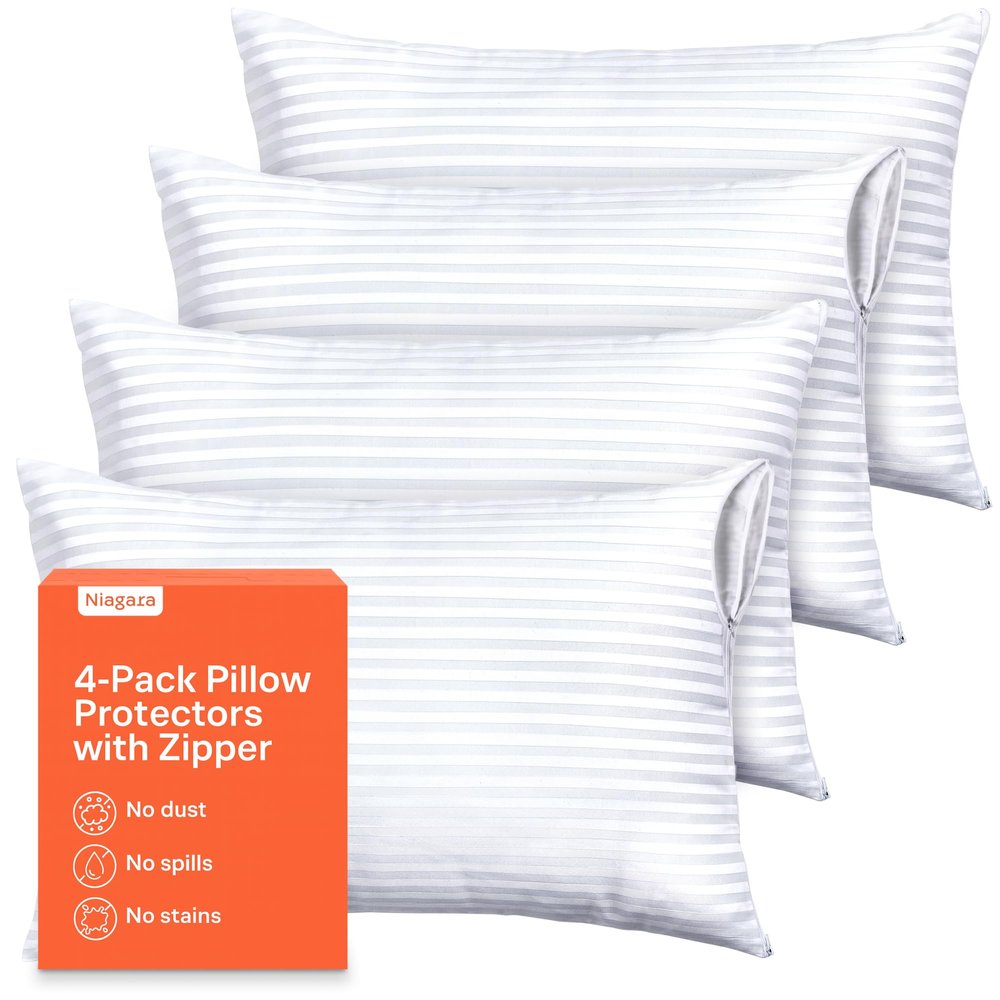 Ultra Soft Pillow Protectors with Zipper King Size - Set of 4 Breathable Pillow Covers - 100% Protection Against Stains, Dust & Dirt - Machine Washable (Dark White)