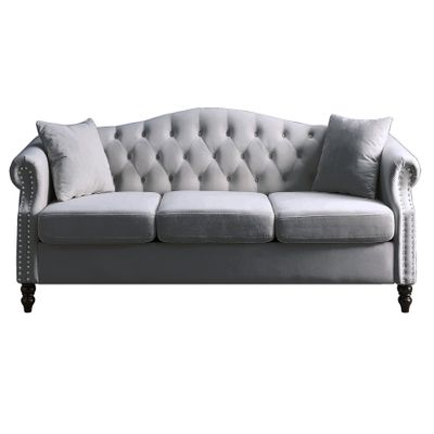 Gustonhon Modern Comfy Velvet Upholstered Sofa for Living Room,3 Seater Sofa Tufted Couch with Rolled Arms and Nailhead for Living Room, Bedroom, Office, Apartment,Solid Wood Legs (Grey, 79)