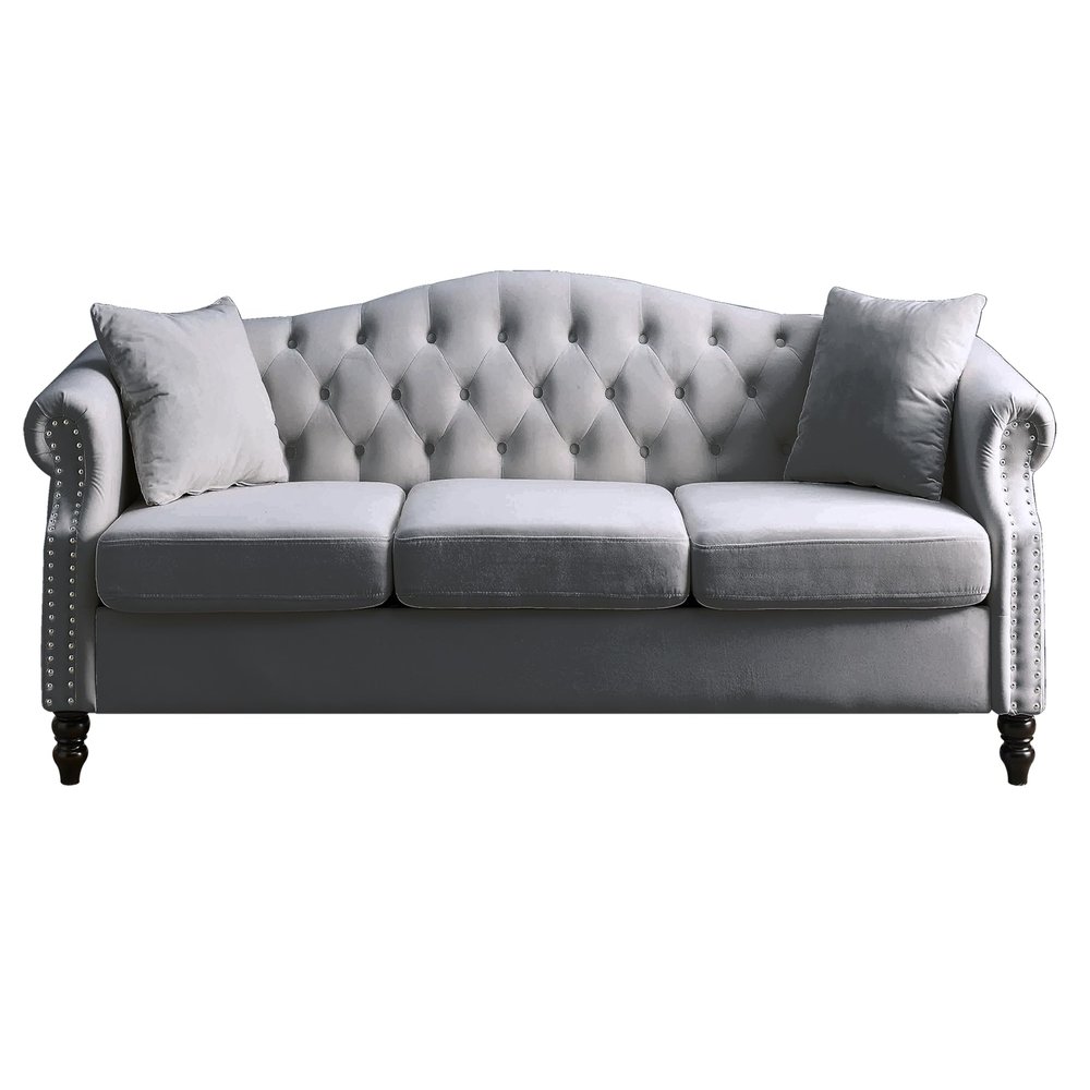 Gustonhon Modern Comfy Velvet Upholstered Sofa for Living Room,3 Seater Sofa Tufted Couch with Rolled Arms and Nailhead for Living Room, Bedroom, Office, Apartment,Solid Wood Legs (Grey, 79)