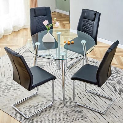 5 Piece Round Dining Table Set for 4, Circular Glass Kitchen Table and 4 Black&Silver Dining Chair, 40'' Round Dining Room Table with Silver Metal Legs, Dining Table and Chair Set for Dining Coffee