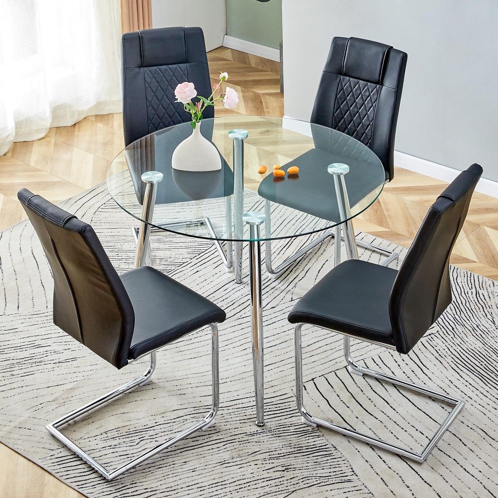 5 Piece Round Dining Table Set for 4, Circular Glass Kitchen Table and 4 Black&Silver Dining Chair, 40'' Round Dining Room Table with Silver Metal Legs, Dining Table and Chair Set for Dining Coffee