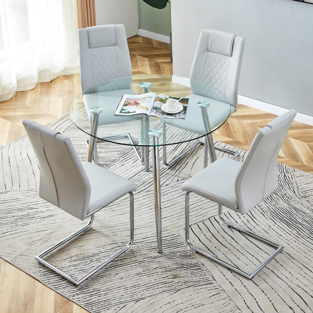 5 Piece Round Dining Table Set for 4, Circular Glass Kitchen Table and 4 Light Gray Dining Chair, 40'' Round Dining Room Table with Silver Metal Legs, Dining Table and Chair Set for Dining Coffee