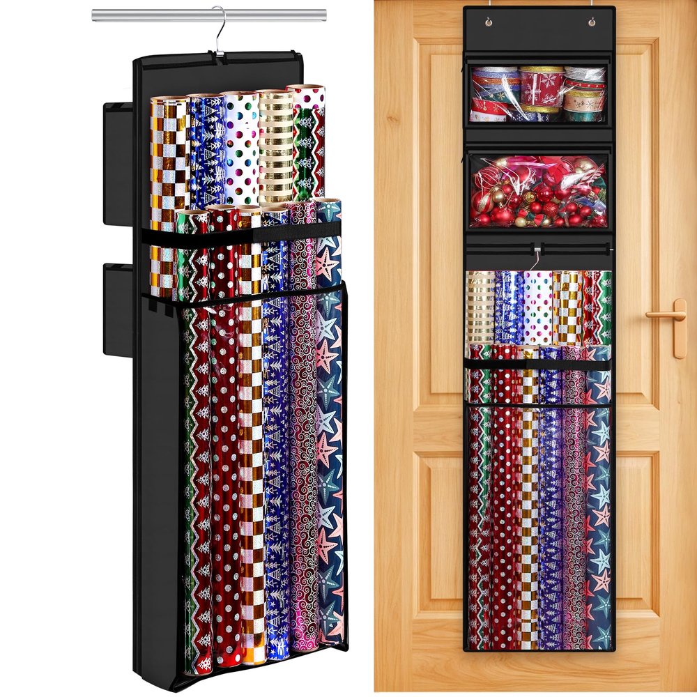 Hanging Wrapping Paper Organizer Storage, Over Door Gift Wrap Roll Holder
