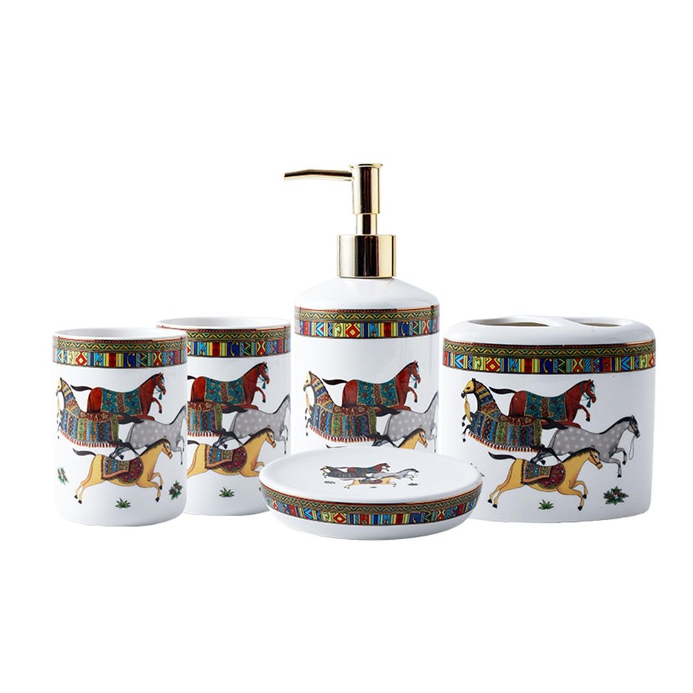 AOPPLSOT Soap Dispenser Ceramic Set, 5 Pieces Toothbrush Mug Sets, European Style, with Soap Dispenser, Toothbrush Holder, Mug, Soap Dish, for House, Apartment, Dormitory,Horse