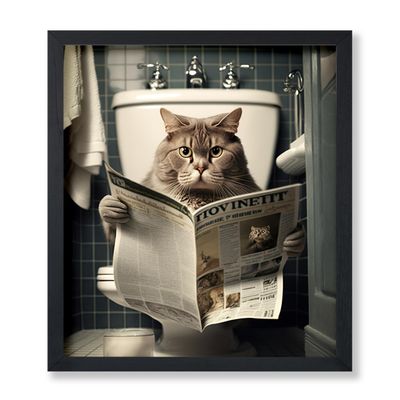 Poster Master Cat Sitting on Toilet Print - Reading a Newspaper Poster - Humorous Wall Art - Funny Kitty Bathroom Decor - Powder Room Decorations - Restroom Sign - 8x10 UNFRAMED Wall Art