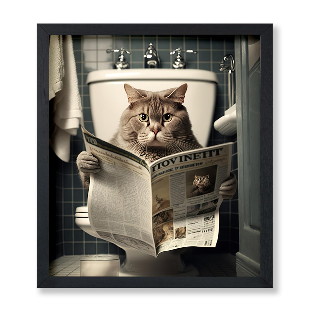 Poster Master Cat Sitting on Toilet Print - Reading a Newspaper Poster - Humorous Wall Art - Funny Kitty Bathroom Decor - Powder Room Decorations - Restroom Sign - 8x10 UNFRAMED Wall Art