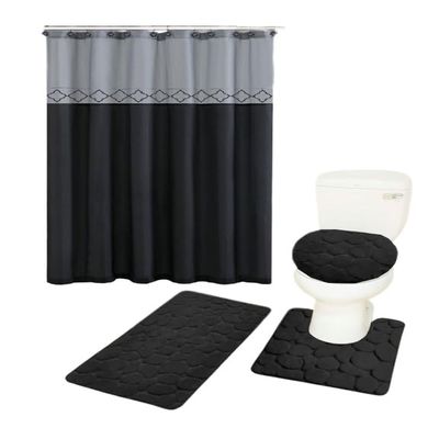 16-Piece Bathroom Printed Shower Curtain and 2 Memory Foam Bath Rug with Lid Cover Rock (Kadir Black)