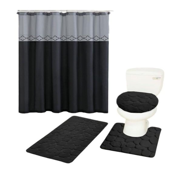 16-Piece Bathroom Printed Shower Curtain and 2 Memory Foam Bath Rug with Lid Cover Rock (Kadir Black)