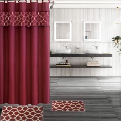 4-Piece Bathtub Butterfly or Geometric Pattern Bath Rugs and Printed Shower Curtain (Geometric Burgundy)