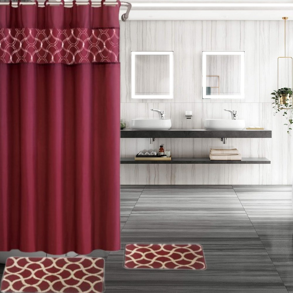4-Piece Bathtub Butterfly or Geometric Pattern Bath Rugs and Printed Shower Curtain (Geometric Burgundy)