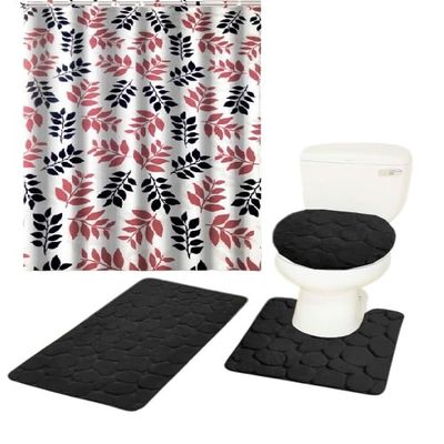 16-Piece Bathroom Printed Shower Curtain and 2 Memory Foam Bath Rug with Lid Cover Rock (Wesley Black)