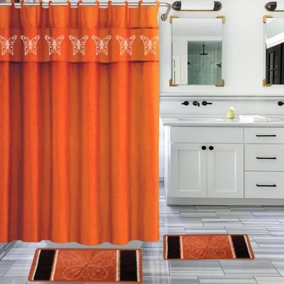 4-Piece Bathtub Butterfly or Geometric Pattern Bath Rugs and Printed Shower Curtain (Butterfly Orange)