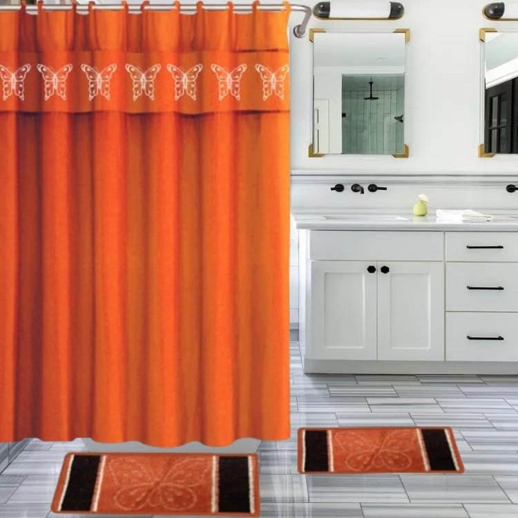 4-Piece Bathtub Butterfly or Geometric Pattern Bath Rugs and Printed Shower Curtain (Butterfly Orange)