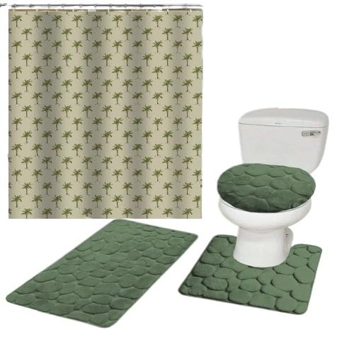 16-Piece Bathroom Printed Shower Curtain and 2 Memory Foam Bath Rug with Lid Cover Rock (Palm Tree Hunter)