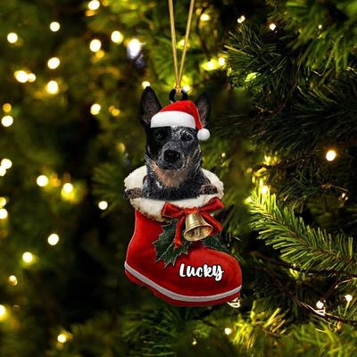 Personalized Blue Heeler 1 Ornament, Blue Heeler Christmas Ornament, Dog in Santa Boot, Dog Christmas Ornaments, Dog Ornament