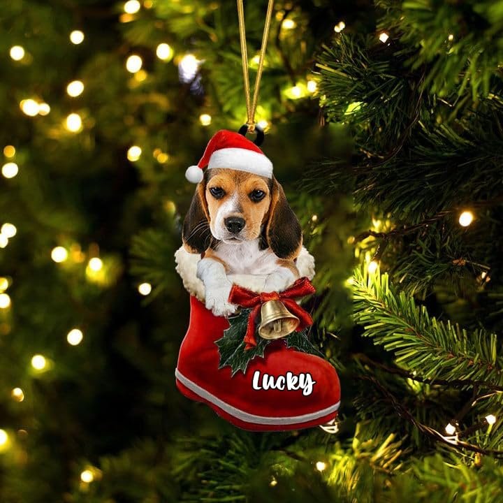 Personalized Beagle 1 Ornament, Beagle Christmas Ornament, Dog in Santa Boot, Dog Christmas Ornaments, Dog Ornament
