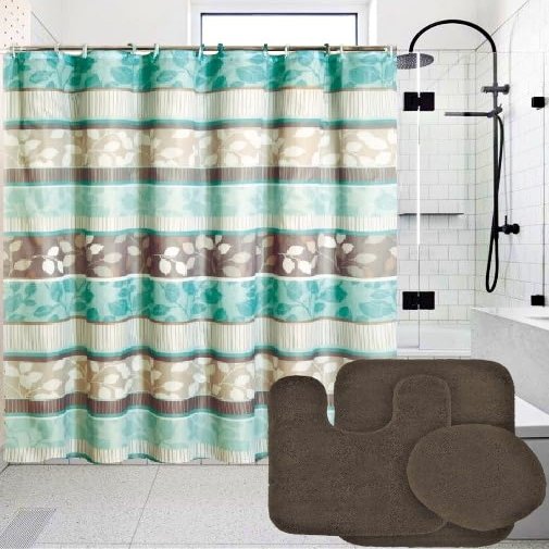16-Piece Bathroom Printed Shower Curtain and 2 Bath Rug with Lid Cover #6 (Zen Brown)