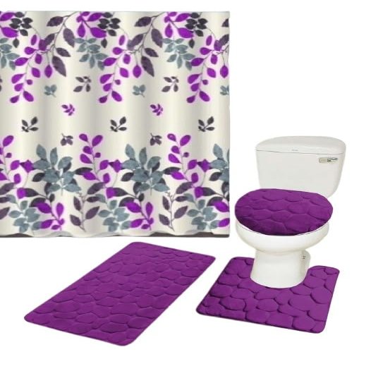 16-Piece Bathroom Printed Shower Curtain and 2 Memory Foam Bath Rug with Lid Cover Rock (Hinata Purple)