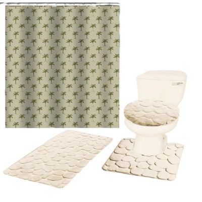 16-Piece Bathroom Printed Shower Curtain and 2 Memory Foam Bath Rug with Lid Cover Rock (Palm Tree Taupe)