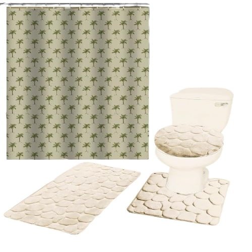 16-Piece Bathroom Printed Shower Curtain and 2 Memory Foam Bath Rug with Lid Cover Rock (Palm Tree Taupe)