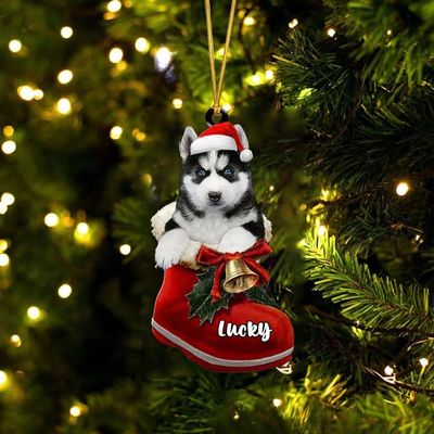 Personalized Siberian Husky 1 Ornament, Siberian Husky Christmas Ornament, Dog in Santa Boot, Dog Christmas Ornaments, Dog Ornament