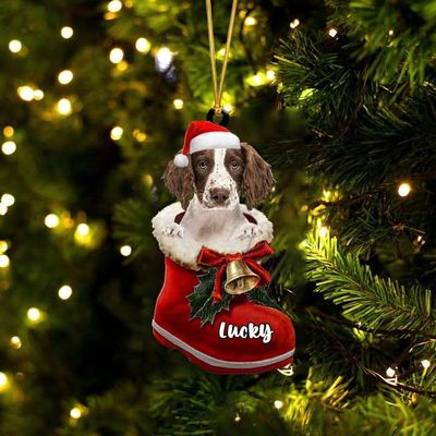 Personalized English Springer Spaniel Ornament, Christmas Dog in Santa Boot, Dog Christmas Ornaments