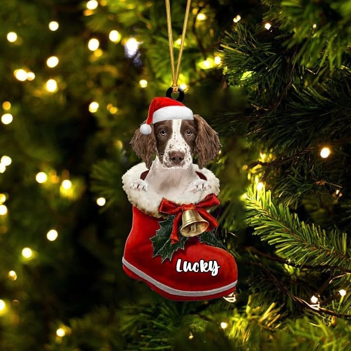 Personalized English Springer Spaniel Ornament, Christmas Dog in Santa Boot, Dog Christmas Ornaments
