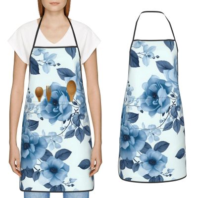 RLDOBOFE Waterproof Apron Adjustable Bib with 2 Pocket Blue Flower Floral Pattern Roses1 Cooking Aprons for Women Men Chef Bibs for Baking