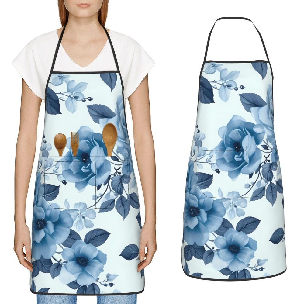 RLDOBOFE Waterproof Apron Adjustable Bib with 2 Pocket Blue Flower Floral Pattern Roses1 Cooking Aprons for Women Men Chef Bibs for Baking