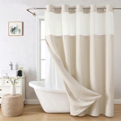 eachope Long No Hooks Needed Linen Textured Shower Curtain with Snap-in Fabric Liner Set,Cream Hotel Luxury Decor Shower Curtains for Bathroom,Waterproof & Washable,71Wx80H