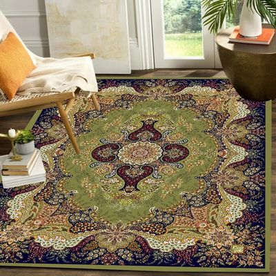 Traditional French Court Floral Anqitue Area Rug 5x7 Green Gold Vintage Rug for Living Room Bedroom Guestroom Washable Soft Diningroom Office Floor Carpet Indoor Rug