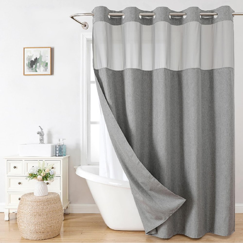 eachope No Hooks Needed Linen Textured Shower Curtain with Snap-in Fabric Liner Set,Grey Hotel Luxury Decor Shower Curtains for Bathroom,Waterproof & Washable,71Wx77H