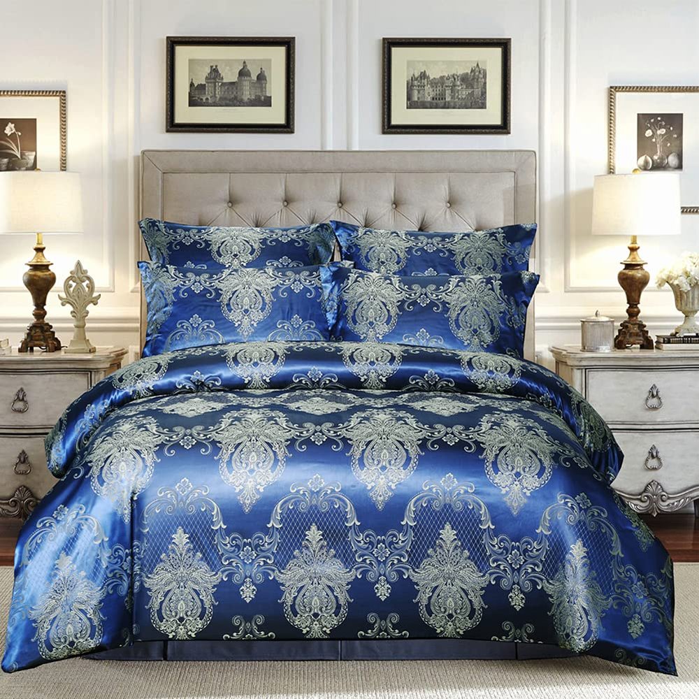 ADovz Floral Jacquard Satin Duvet Cover Set Twin Size 3 Piece Luxury Silk Like Bedding Comforter Cover Set with Zipper Closure & Corner Ties (Red,Twin),Bed Sheets
