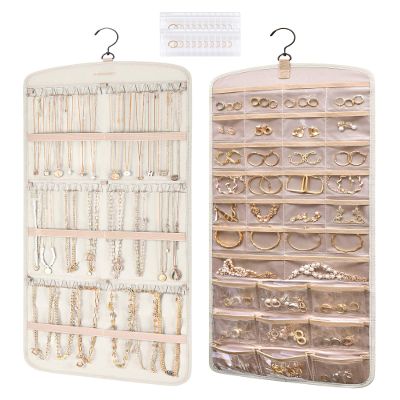 BAGSMART Hanging Jewelry Organizer, Necklace Holder Anti-tangle Earrings Rings Hanger with Pockets Hang on Closet, Wall, Door,1 Piece, Large Beige