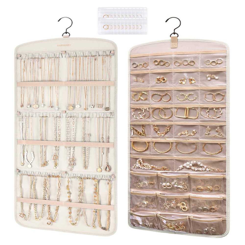BAGSMART Hanging Jewelry Organizer, Necklace Holder Anti-tangle Earrings Rings Hanger with Pockets Hang on Closet, Wall, Door,1 Piece, Large Beige