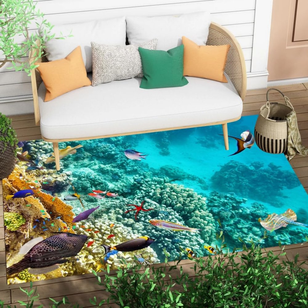 3D Optical Illusion Cute Ocean Aesthetic Indoor Outdoor Area Rug for Patio Baclony Deck Porch Tropical Fish Coral Reef 5x8 Carpet Living Room Bedroom Washable Coastal Indoor Rugs Blue