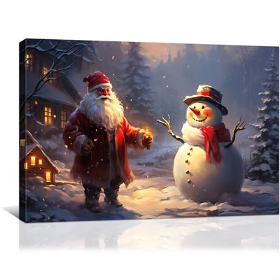 gaosoul Christmas Snowman Wall Art Santa Claus Festival Posters Christmas Eve Encounter Canvas Print Framed Painting for Living Room Bedroom Decor 48x32in