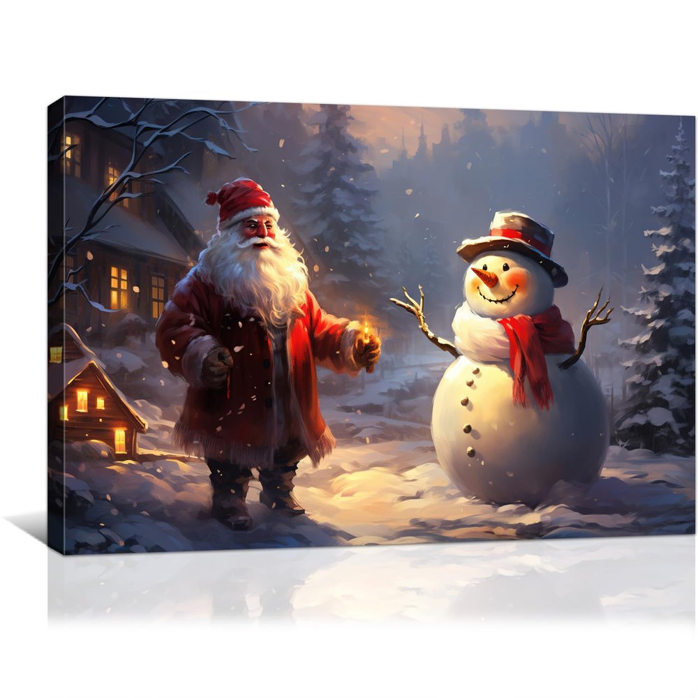 gaosoul Christmas Snowman Wall Art Santa Claus Festival Posters Christmas Eve Encounter Canvas Print Framed Painting for Living Room Bedroom Decor 48x32in