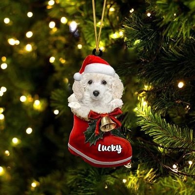 NAZENTI Personalized Toy Poodle White Acrylic Christmas Ornament, Dog in Santa Boot, Dog Christmas Tree Decoration