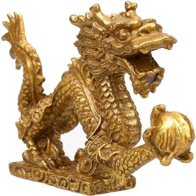 WEALTHCOMING Charming Brass Dragon Statue,Handmade Magical and Noble Chinese Golden Dragons Sculptures for Home Office Decor Collectible Figurines (8.6" inches)