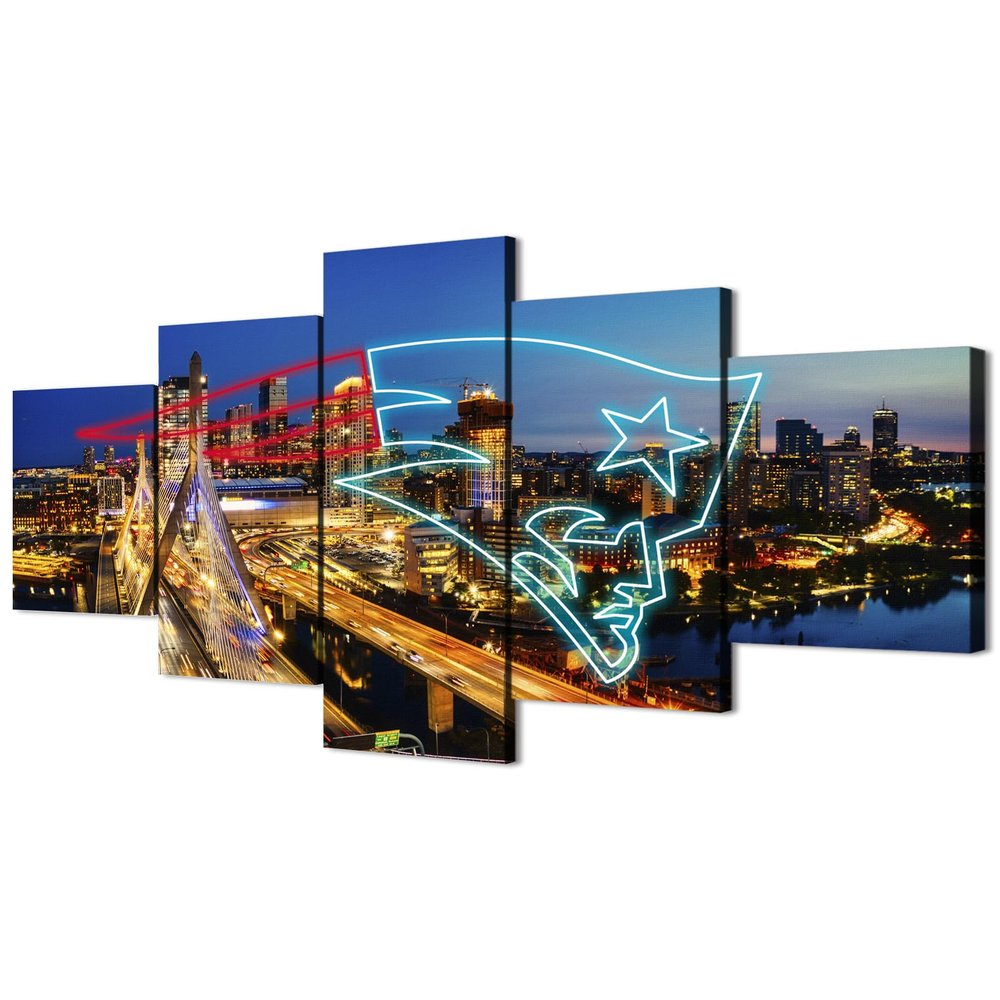 (100X175CM/5PCS) Frame Canvas Print Poster - New England Massachusetts American football Neon Dolphins - City Landscape Wall Art for Home and Office Decor