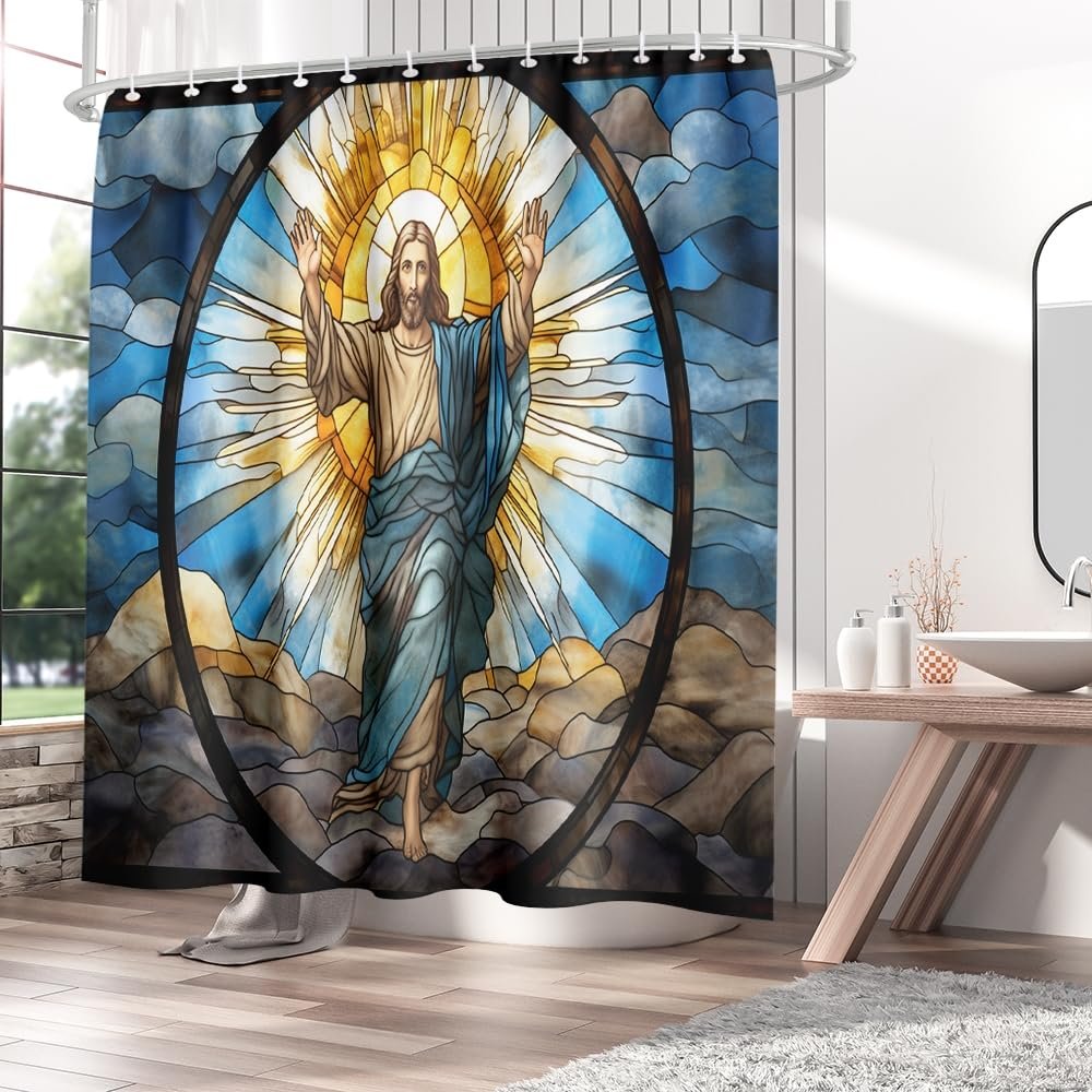 Orlco Art Retro Jesus Wall Art Jesus Stained Glass Quick-Dry Fabric Shower Curtain Religion Spiritual Faith Portrait Rustic Farmhouse Shower Curtain Fabric Bathroom Shower Curtain with 12 Hooks