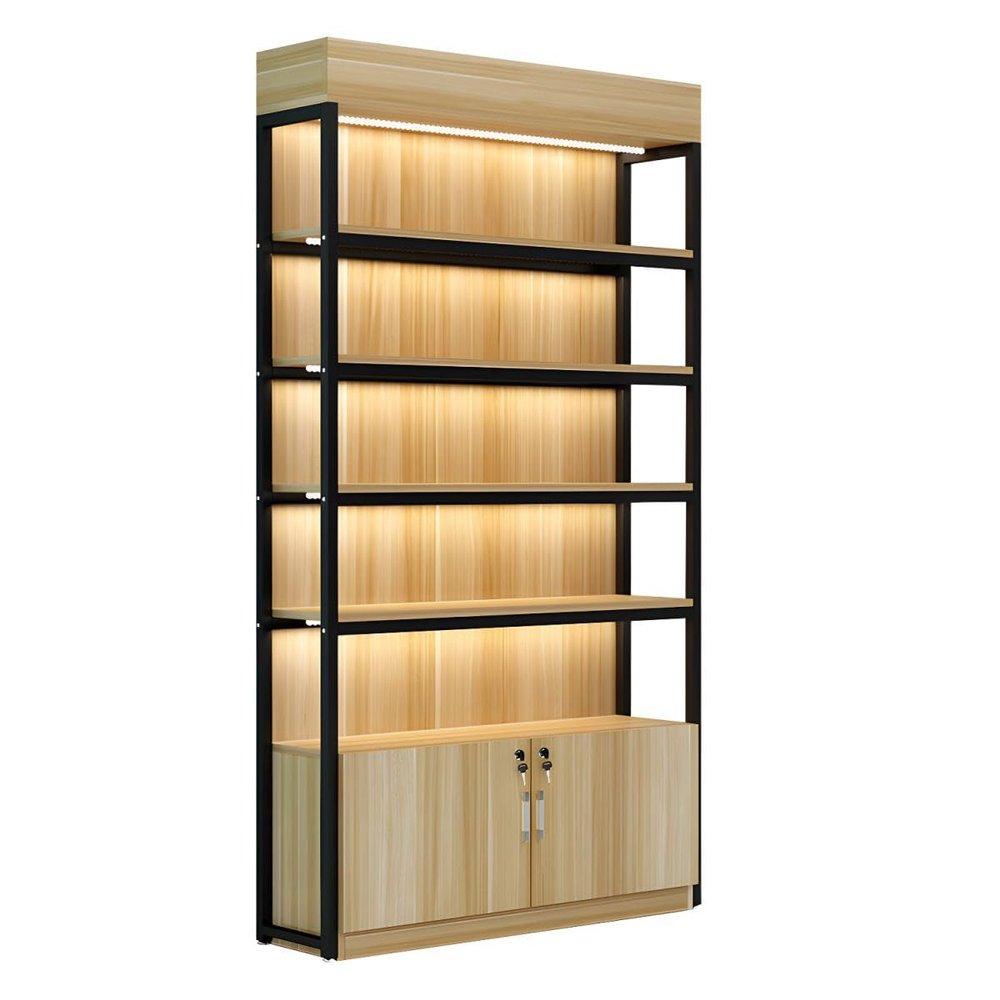 CraftThink Wooden Display Storage with Lighting, Modern Storage Cabinet Storage Rack Organizer Furniture, 4 Shelves with Cabinet for Store Home Office Wood in Natural, 47" L x 12" W x 84.5" H