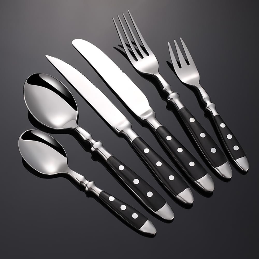 Rivet Handle Black Silverware Set Flatware Set for 18 Utensil Sets Forks Spoons And Knives Set Ergonomic Durable Mirror Polished Thanksgiving Christmas Essentials Family Gatherings Brand Packaging