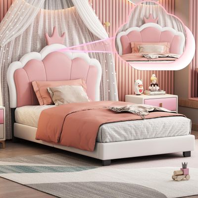 Polibi Twin Size Upholstered Princess Bed with Crown Headboard, Twin Size Platform Bed with Headboard and Footboard, White+Pink