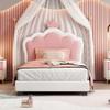 Polibi Twin Size Upholstered Princess Bed with Crown Headboard, Twin Size Platform Bed with Headboard and Footboard, White+Pink view 2