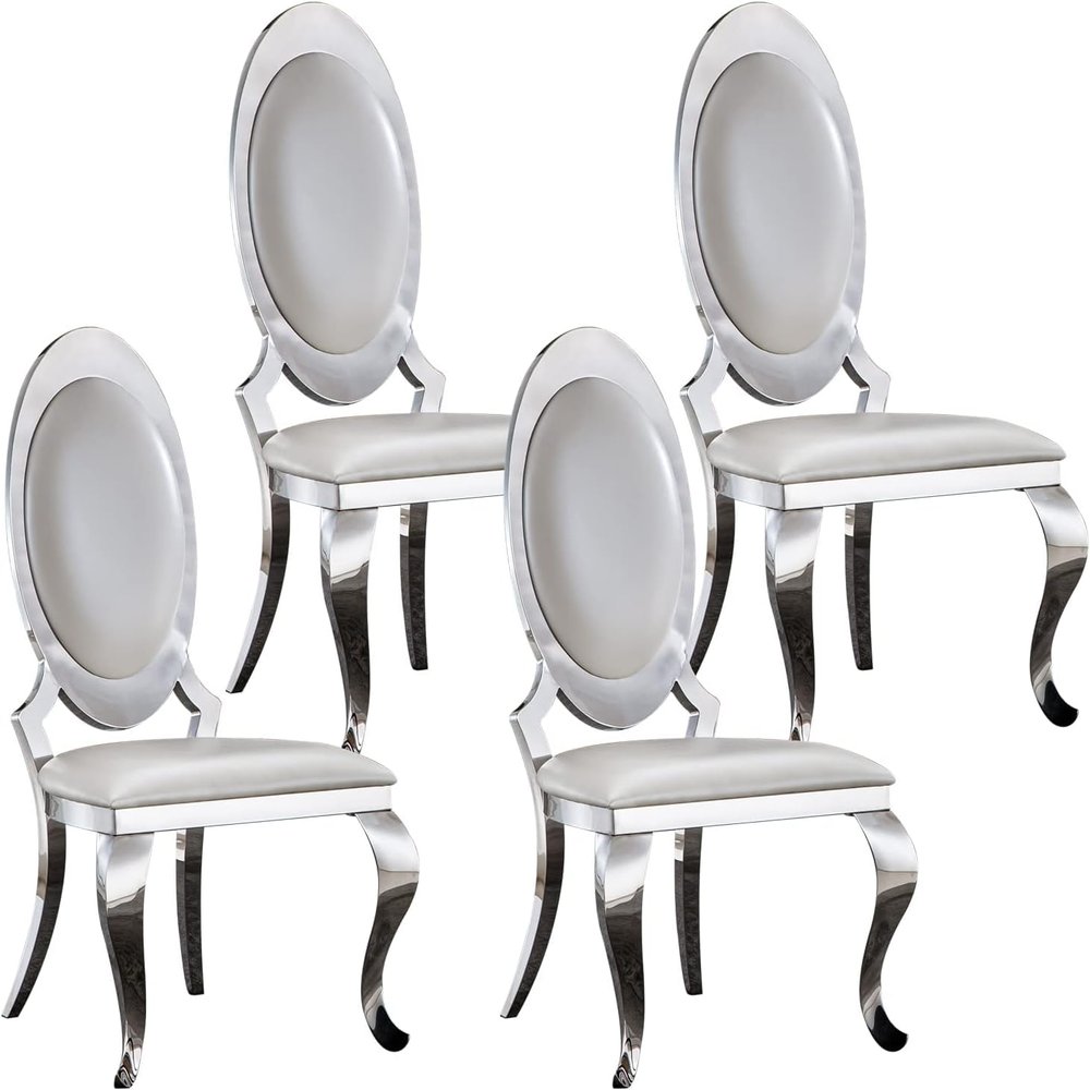 Luxury Dining Room Chairs Set of 4, Faux Leather High Back Dining Chairs with Mirrored Stainless Steel Legs, Kitchen Modern Dining Chairs Heavy Duty Dining Chairs, Silver Upholstered Dining Chairs